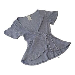 Caution to the Wind Blue Striped Faux Wrap Blouse M Coquette Stretchy Flowy Top